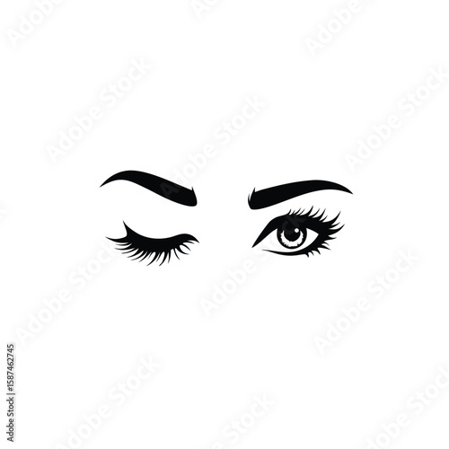 Black graphic illustration of a woman's eyes with one winking white eyelashes