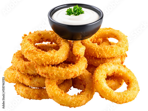 Onion Ring Stack with Side Sauce Bowl, Top Angle View – Isolated PNG


