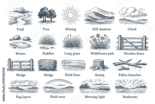 Charming Etched Illustration: A Collection of Pastoral Countryside Elements