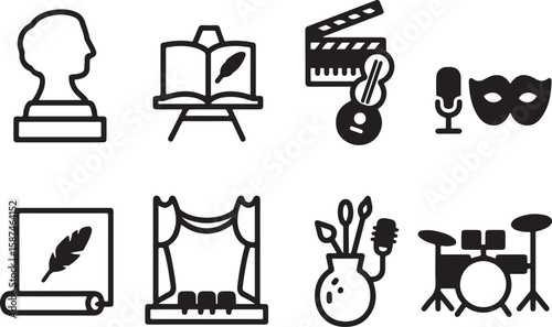Collection of creative arts and performance icons isolated on transparent background