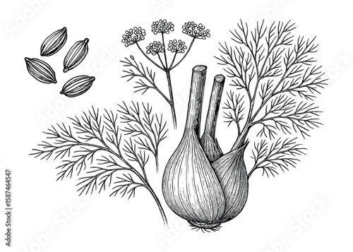 Detailed botanical illustration of fennel bulb, fronds, flower, and seeds, rendered in classic black and white line art.