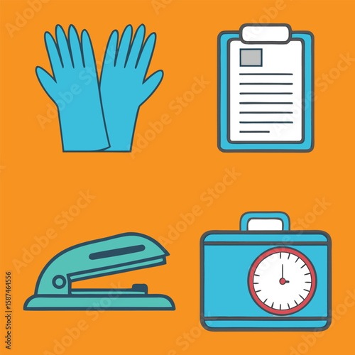 Office Essentials Gloves, Clipboard, Stapler, and Timer on a Vibrant Orange Background