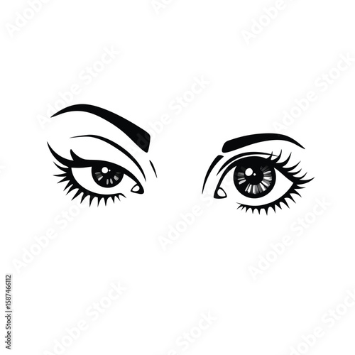 Expressive black and white eyes with long lashes eyebrows