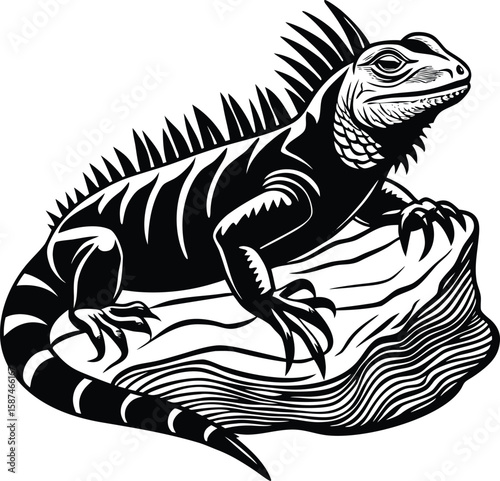 Black and white illustration of an iguana perched on a textured rock reptile lizard
