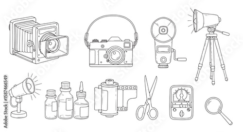 A handdrawn collection of vintage photography equipment including cameras film and accessories.