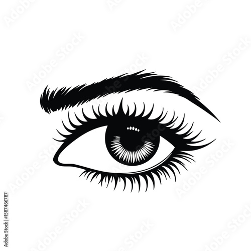 Black and white graphic of a woman's eye with long lashes and eyebrow iris pupil