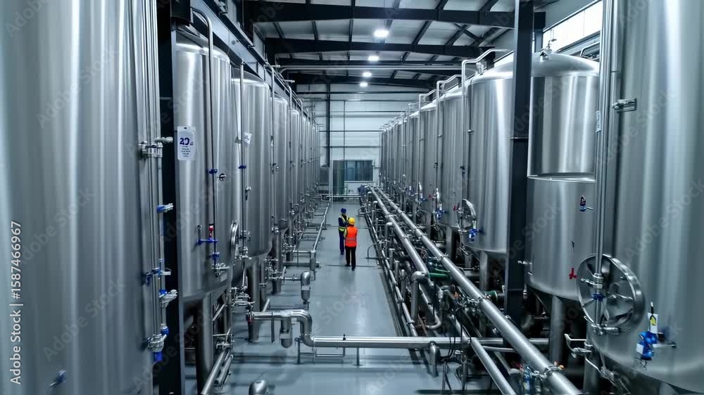 Modern Brewery: Workers Inspecting Stainless Steel Tanks in Industrial Facility Modern Brewery: Workers Inspecting Stainless Steel Tanks in Industrial Facility