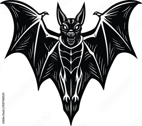 Fierce black bat with outstretched wings and sharp teeth white