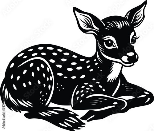 Spotted fawn resting peacefully black and white deer animal