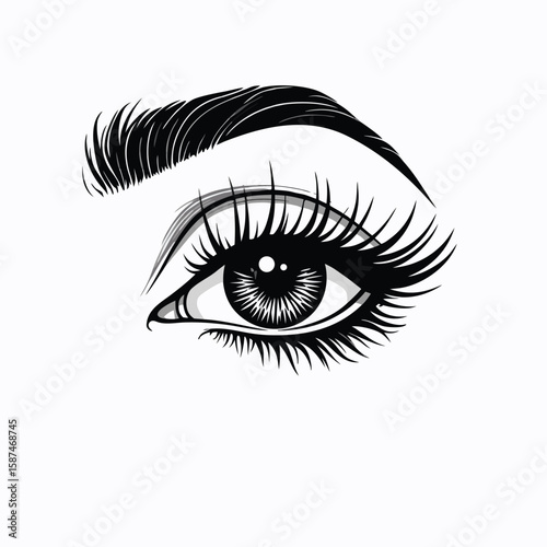 Black and white illustration of a woman's eye with long lashes and eyebrow vector