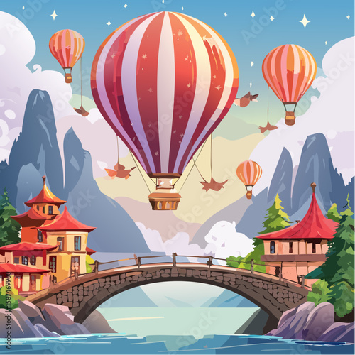 Colorful hot air balloons float over a scenic Asian village with a stone bridge and mountains.