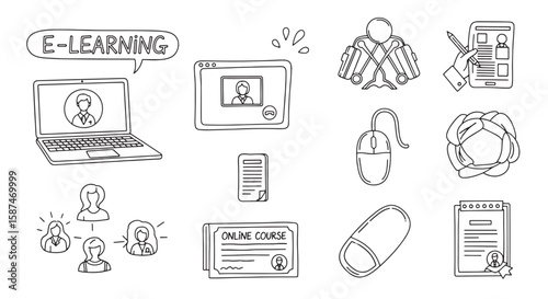 ELearning and Online Education Doodle Icons Laptop Tablet and Course Materials.