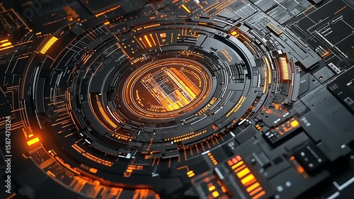 Futuristic digital interface with glowing orange elements and intricate circuitry in a high-tech environment