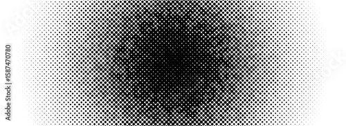 Grunge halftone radial gradient texture. Black pixelated distress circle backdrop. Weathered grit noisy background. Damaged glitched round print overlay. Fading gritty sandy wallpaper. Vector