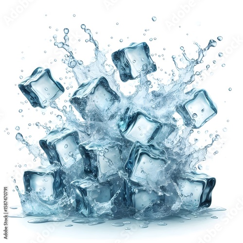 fresh cold splashing ice cubes isolated on white background