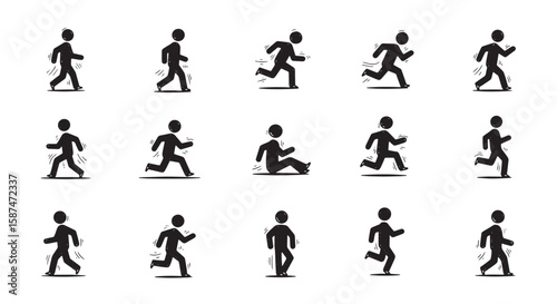 Set of black handdrawn stick figure icons depicting various motion poses like walking running and sliding.