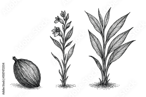Botanical Study: Hand-Drawn Illustration of a Cardamom Plant with Seed, Stem, and Leaves