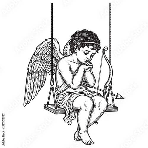 Sad Cupid on swing vintage woodcut engraving vector illustration