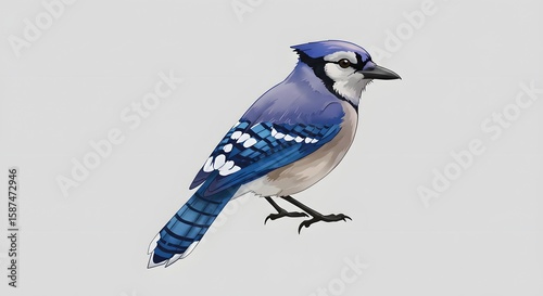 Vibrant Illustration of a Blue Jay Bird Against a Neutral Background