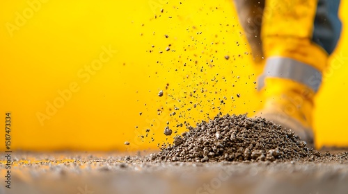 Worker in yellow boots kicks up dirt and dust against a vibrant yellow background