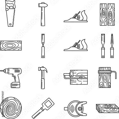 Carpentry Tools and Woodworking Icons - Vector Line Art Set
