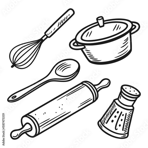 Hand-drawn sketch icon set of rustic kitchen and cooking tools.