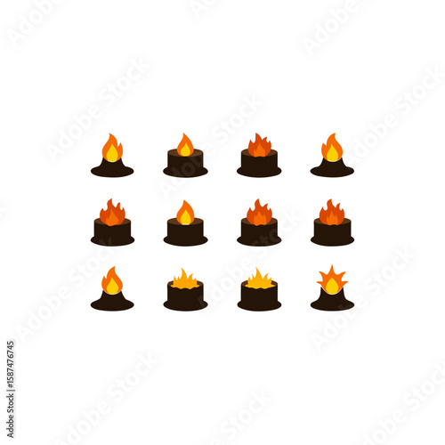  different burning tree stump icons set