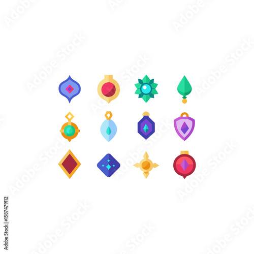 different enchanted amulet icons set on white