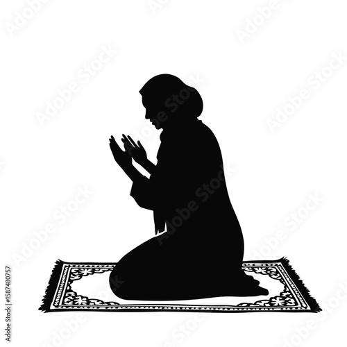 Woman praying on rug silhouette muslim kneeling