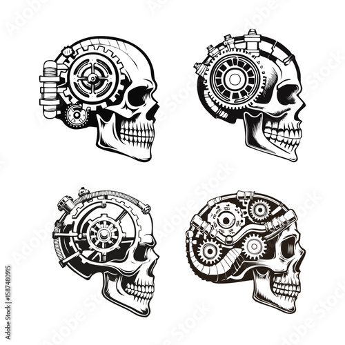 Mechanical Skull Vector Side View Set – Biomechanical, Cyberpunk, Steampunk, Engraved