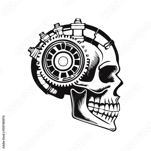 Biomechanical Skull Vector Side View – Organic and Machine Fusion Line Art