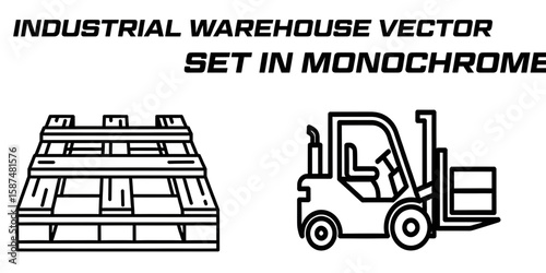 Industrial Warehouse Vector Set: An industrial vector set showcasing a forklift and pallet in monochrome, capturing essential elements of logistics, transport, and storage.