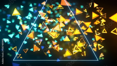 Vibrant geometric shapes and glowing triangles in a dynamic digital background with colorful lights