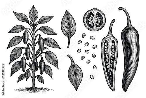 Detailed Hand Drawn Illustration of Jalapeno Peppers, Plant, Cross Section and Seeds