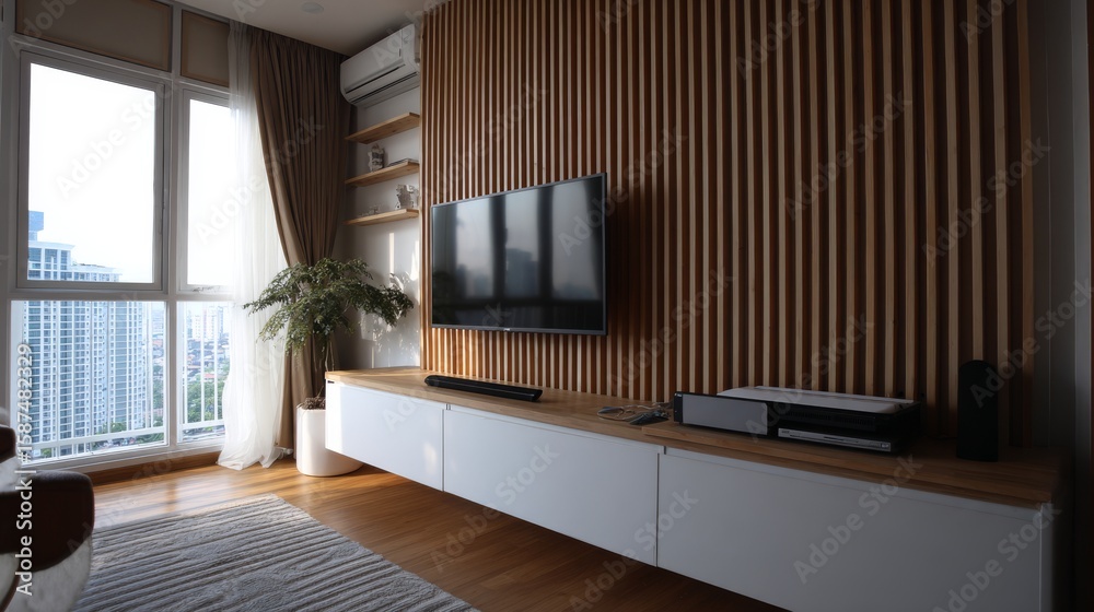 Fototapeta premium Clean and modern living room with decorative wood wall slats and functional white TV unit, brightened by sunlight from a city apartment window.