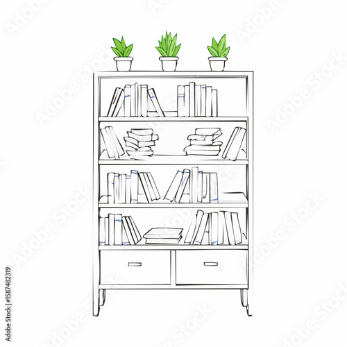 3D technical sketch of a bookshelf with stacked books and decorative plants, rendered in detailed outline form on white background.