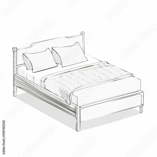 3D sketch of a modern bed with neatly placed pillows and a blanket, drawn in technical wire frame style, on white background.