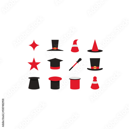 different magician hat and wand icons set 