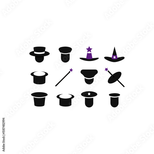 different magician hat and wand icons set 