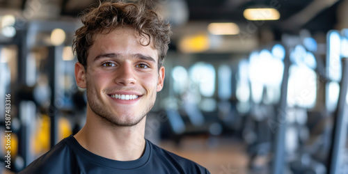 A young man with an athletic build, clean-shaven face, and intense brown eyes, dressed as a personal trainer, smiling in a gym environment. 