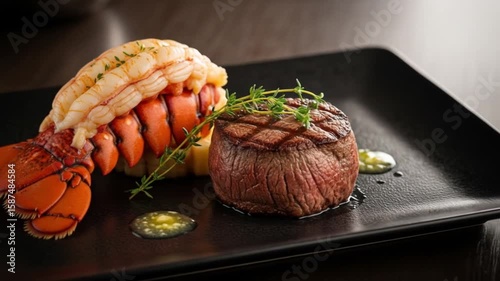 Exquisite surf and turf featuring a grilled steak and a succulent lobster tail.