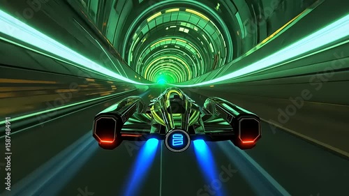 Futuristic racing vehicle speeds through a glowing tunnel, showcasing vibrant neon lights and dynamic motion
