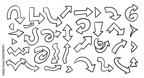 Set of Hand drawn doodle arrows vector set collection with playful curved, spiral, zigzag, and loop designs. Perfect for presentations, infographics, notes, planners, or creative design projects.