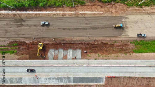 Aerial view of construction site repairing the highway