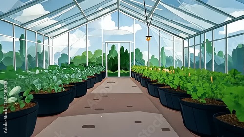 Lush greenhouse filled with vibrant plants, showcasing growth and tranquility in a sunny environment