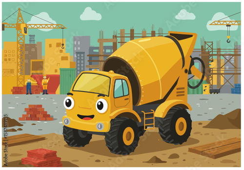 Adorable cartoon cement mixer truck with a happy face at a construction site. Vector illustration of heavy machinery and urban development.