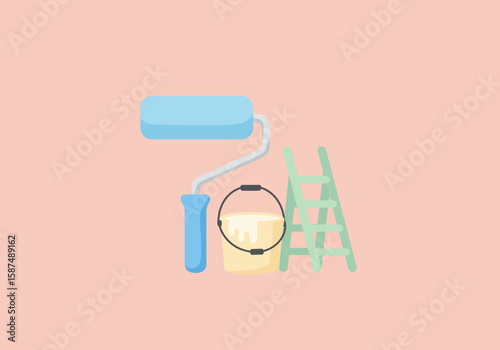 Home improvement concept with painting tools. A flat vector illustration of a roller, bucket, and stepladder for house renovation.