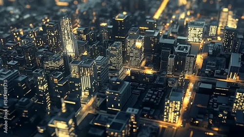 Aerial view of a vibrant city skyline at night, showcasing illuminated buildings and busy streets