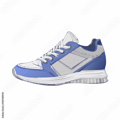 Vector drawing of casual sneakers with visible tread, laces, and padded structure, in detailed linework on white.