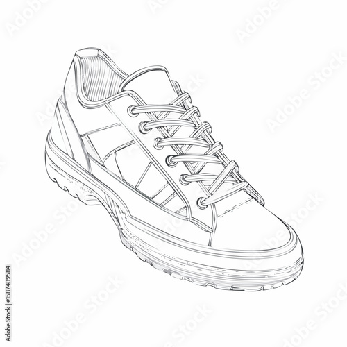 Vector drawing of casual sneakers with visible tread, laces, and padded structure, in detailed linework on white.